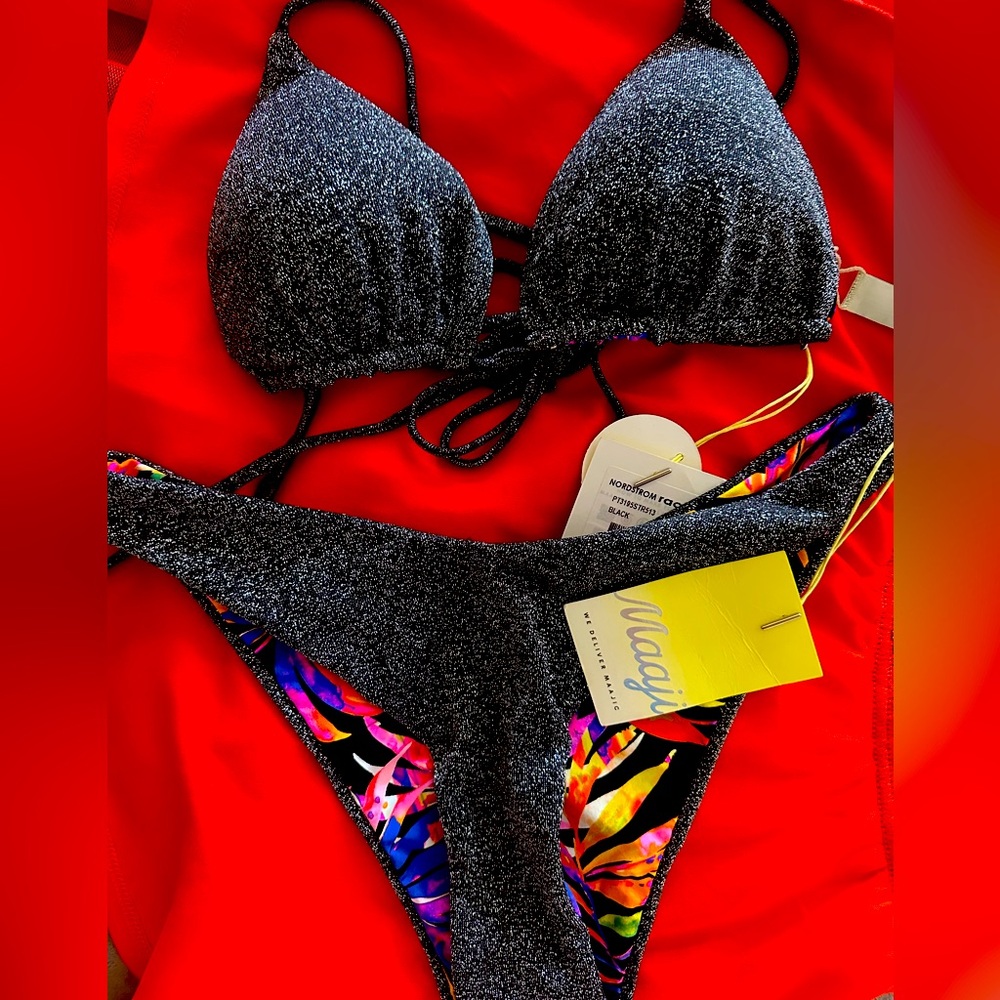 Black glitter or tropical bright 2 sided swimsuit medium new
